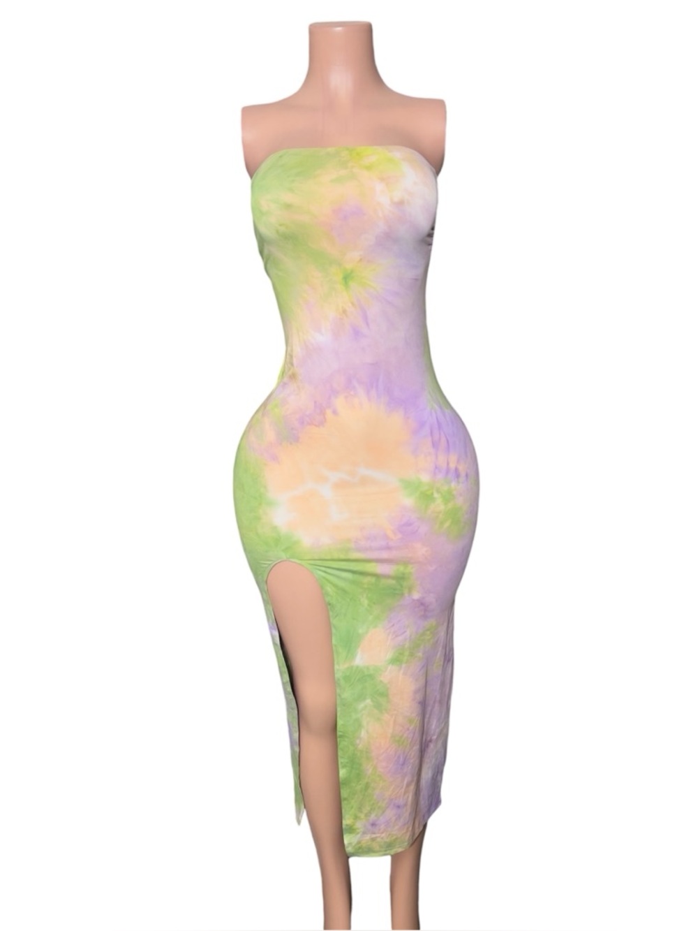 Strapless Tie-Dye Bodycon Midi Dress with Side Slit - Pastel Green & Lavender